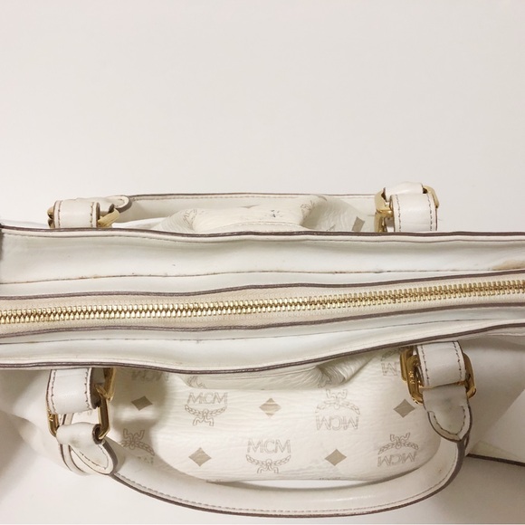 Authentic MCM Beige/White Leather Handbag Shoulder Bag With Adjustable Strap - Picture 8 of 16